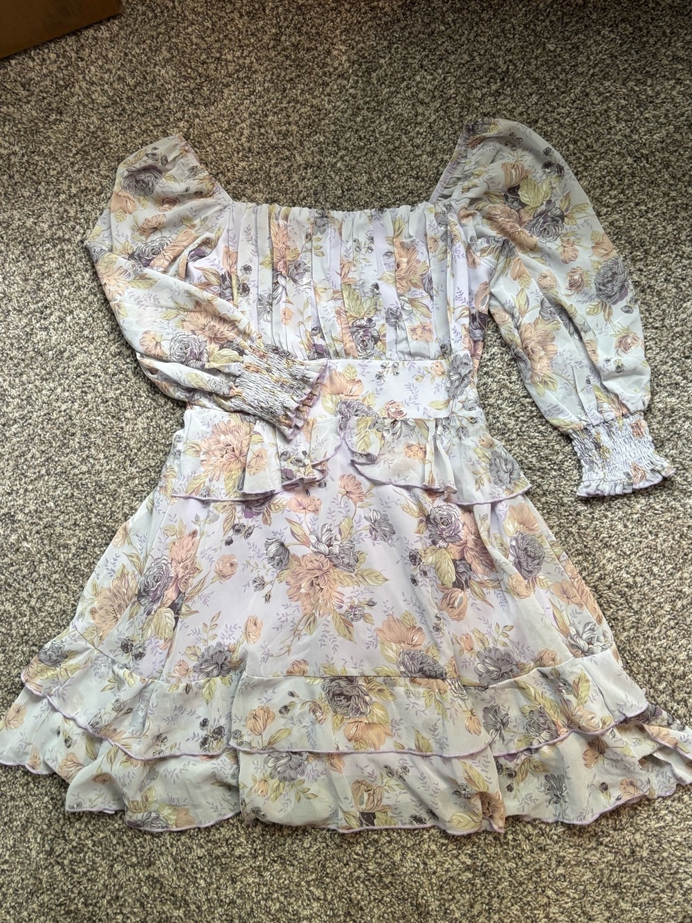 Floral Ruffle Tiered Mini Dress in Pastel Yellow & Lavender